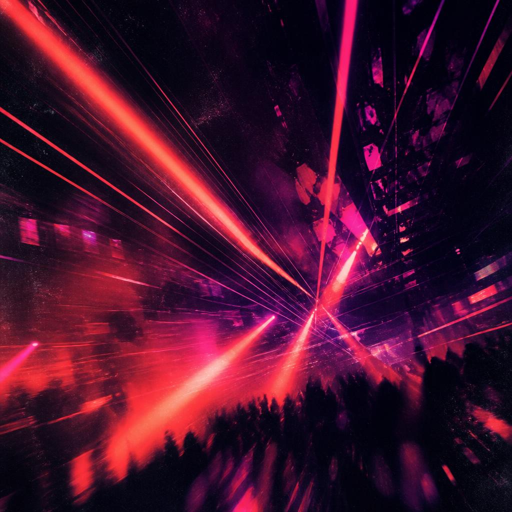 Visuel artistique Foskito : faisceaux laser corail et magenta sur un dancefloor