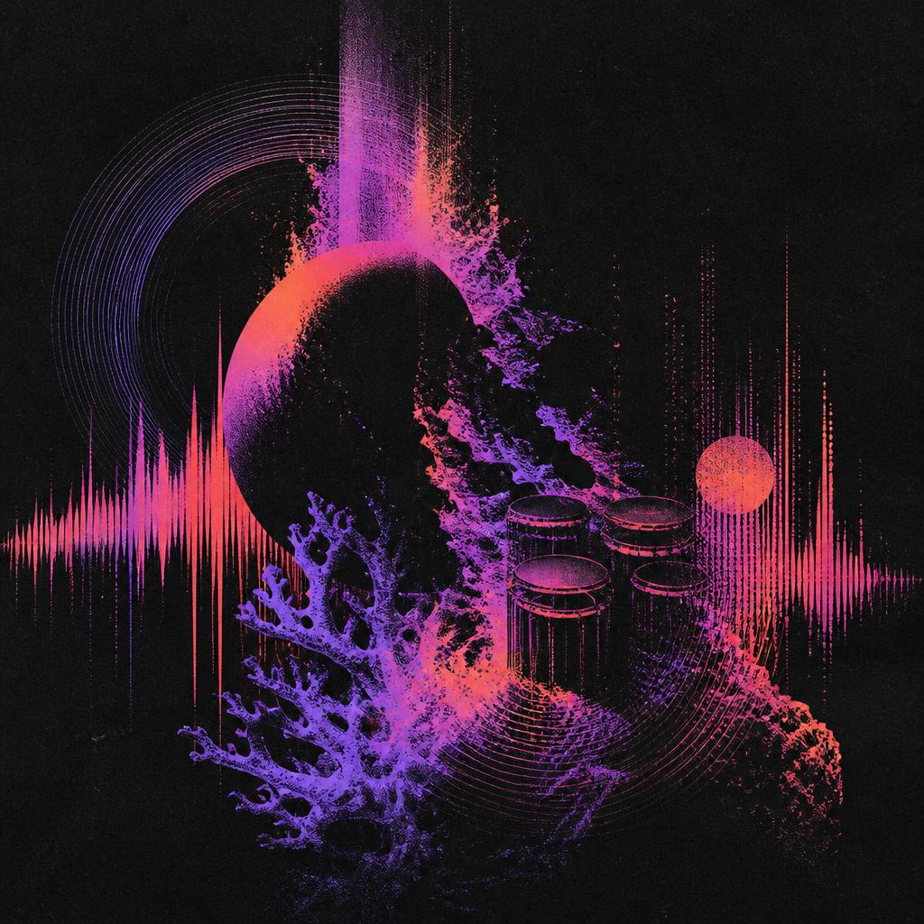 Visuel artistique Wess Fosso : ondes sonores et percussions en dégradé corail et violet
