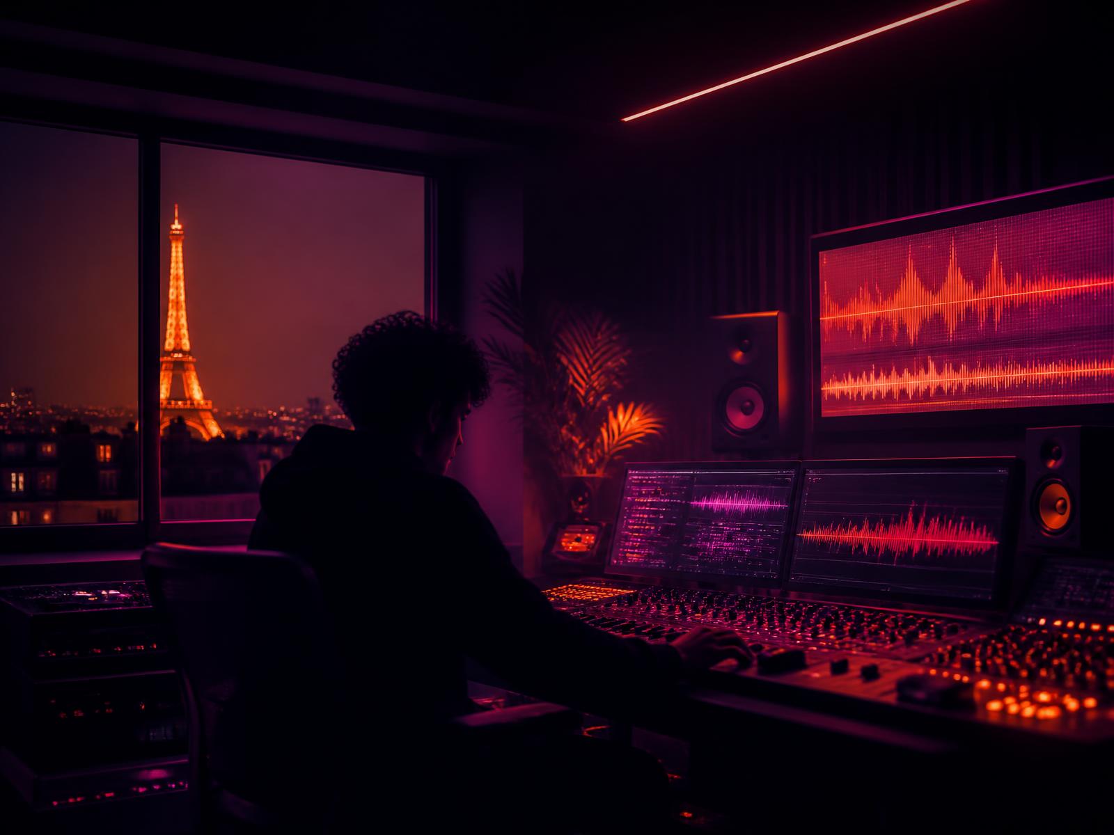 Studio de production Wmeloprod à Paris, console de mixage éclairée en corail et violet